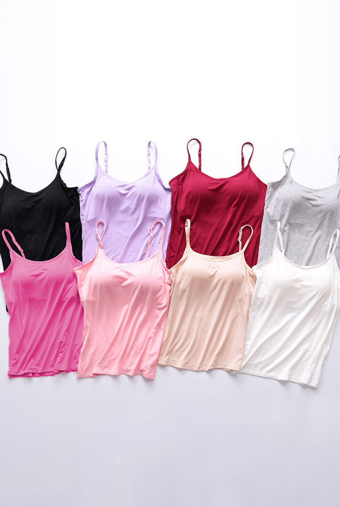 Built-in bra spaghetti strap tank tops, assorted colors on hangers