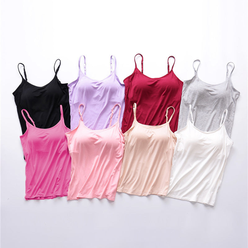 Built-in bra spaghetti strap tank tops, assorted colors on hangers