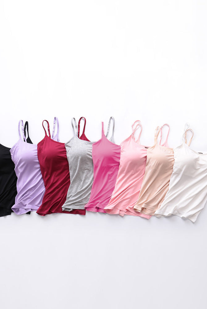 Built-in bra spaghetti strap tank top, assorted colors (8-pack)