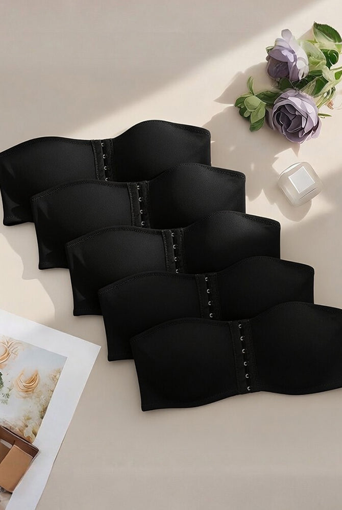 Black strapless hook-front bandeau bra set with multi-row cups and center hooks