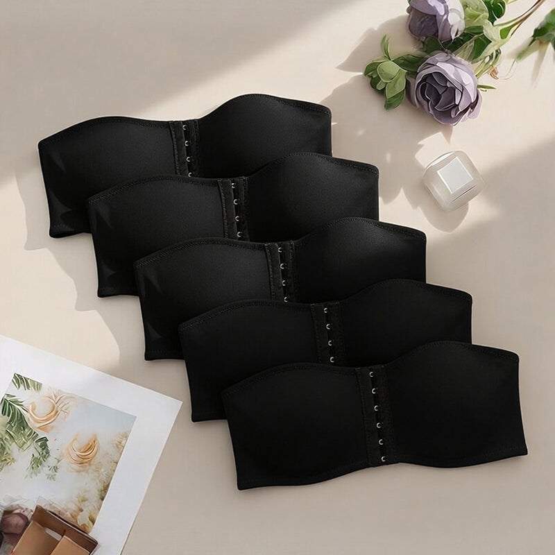 Black strapless hook-front bandeau bra set with multi-row cups and center hooks