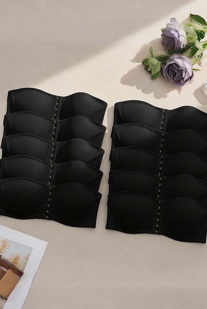 Black strapless hook-front bandeau bra pair with multi-row cups and center hooks
