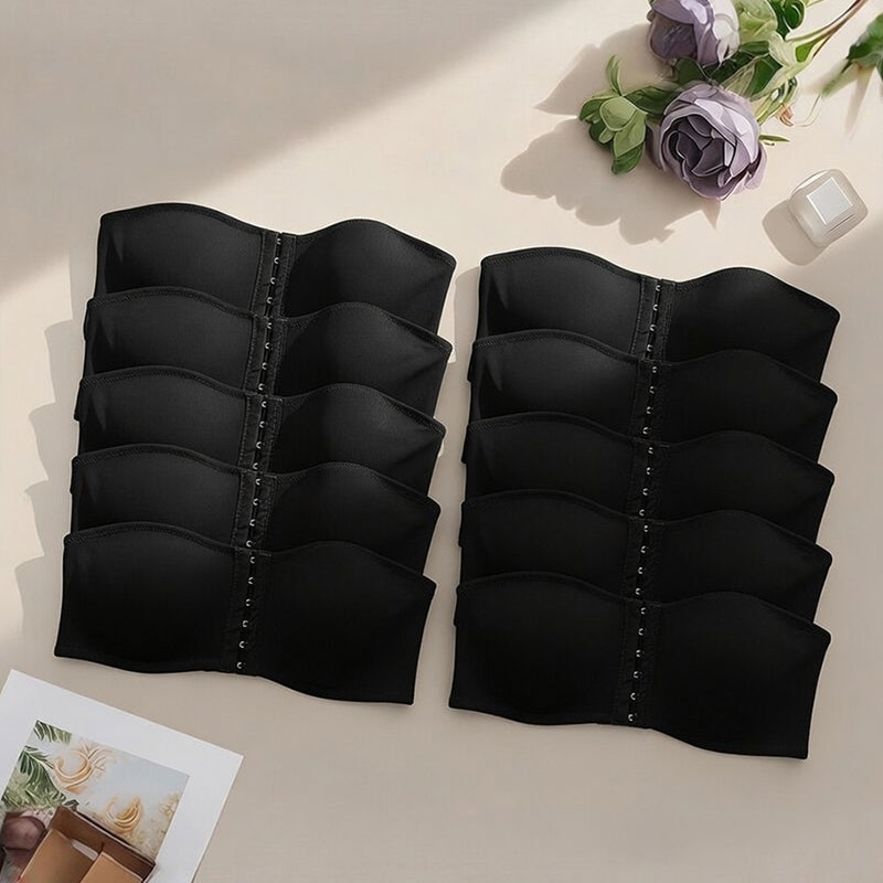Black strapless hook-front bandeau bra pair with multi-row cups and center hooks