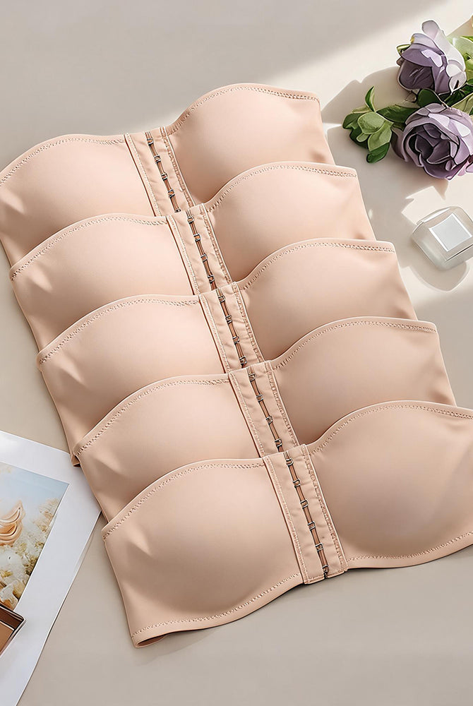 Nude strapless hook-front bandeau bra set with multi-row cups and center hooks