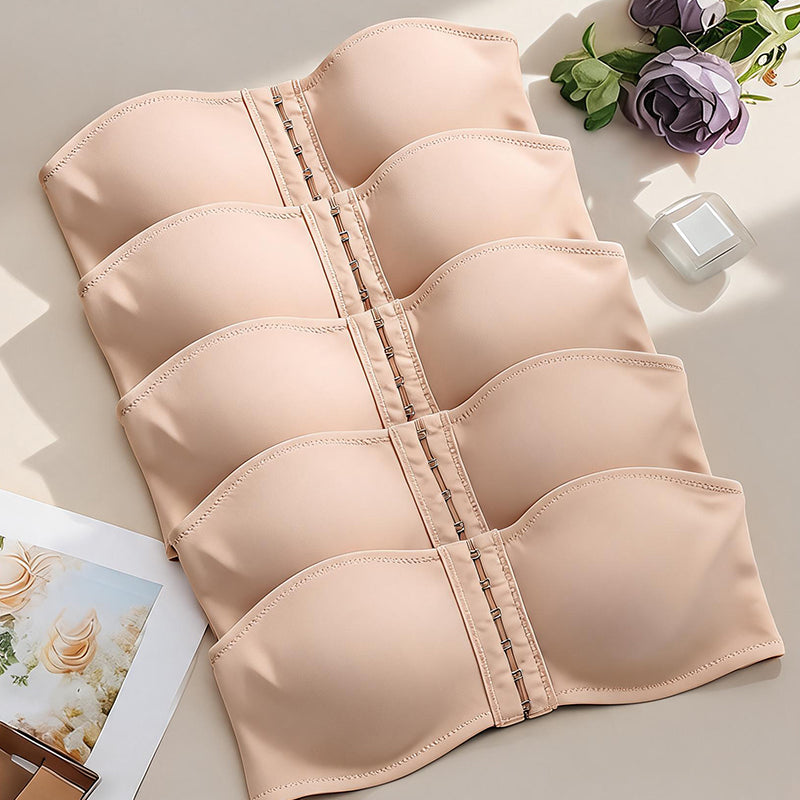 Nude strapless hook-front bandeau bra set with multi-row cups and center hooks