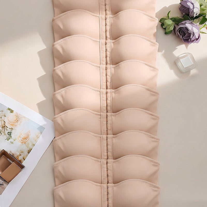 Nude strapless hook-front bandeau bra with multi-row cups, vertical hook closure