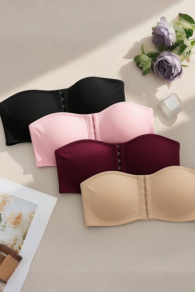 Multi-color strapless hook-front bandeau bras with multi-row cups and center hooks