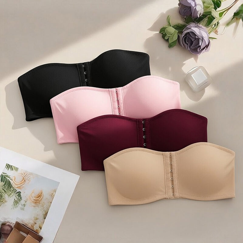 Multi-color strapless hook-front bandeau bras with multi-row cups and center hooks