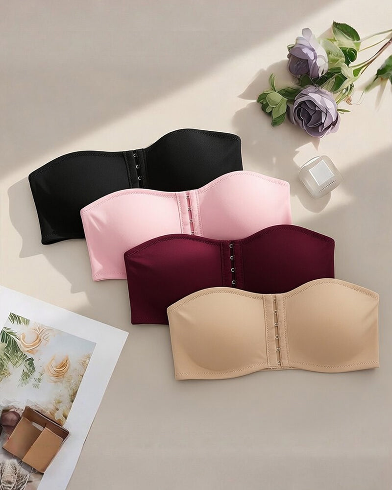 Multi-color strapless hook-front bandeau bras with multi-row cups and center hooks