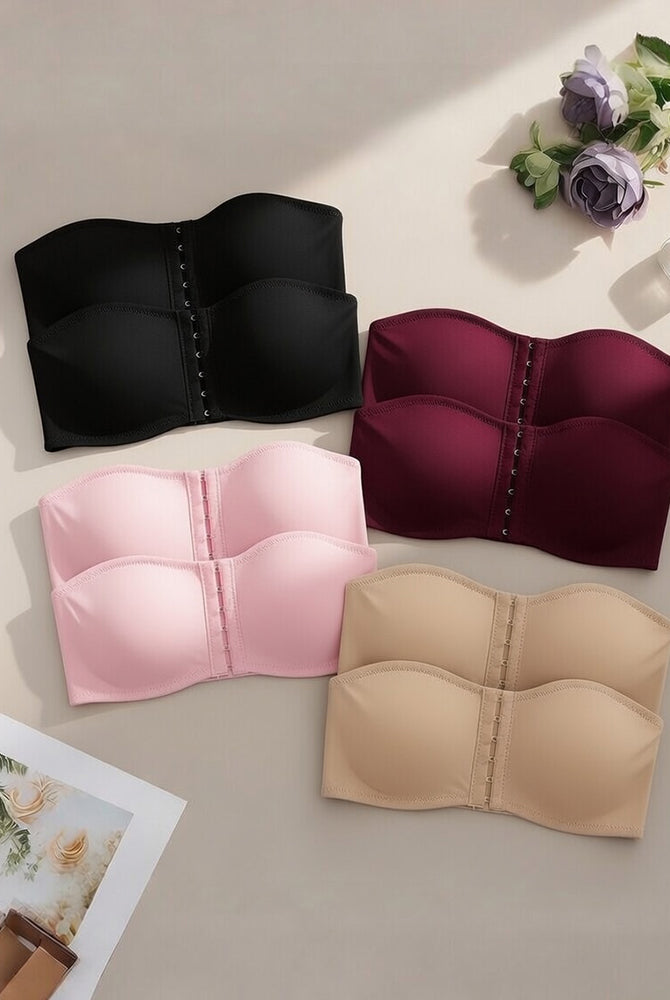 Multi-color strapless hook-front bandeau bras with multi-row cups and vertical hooks