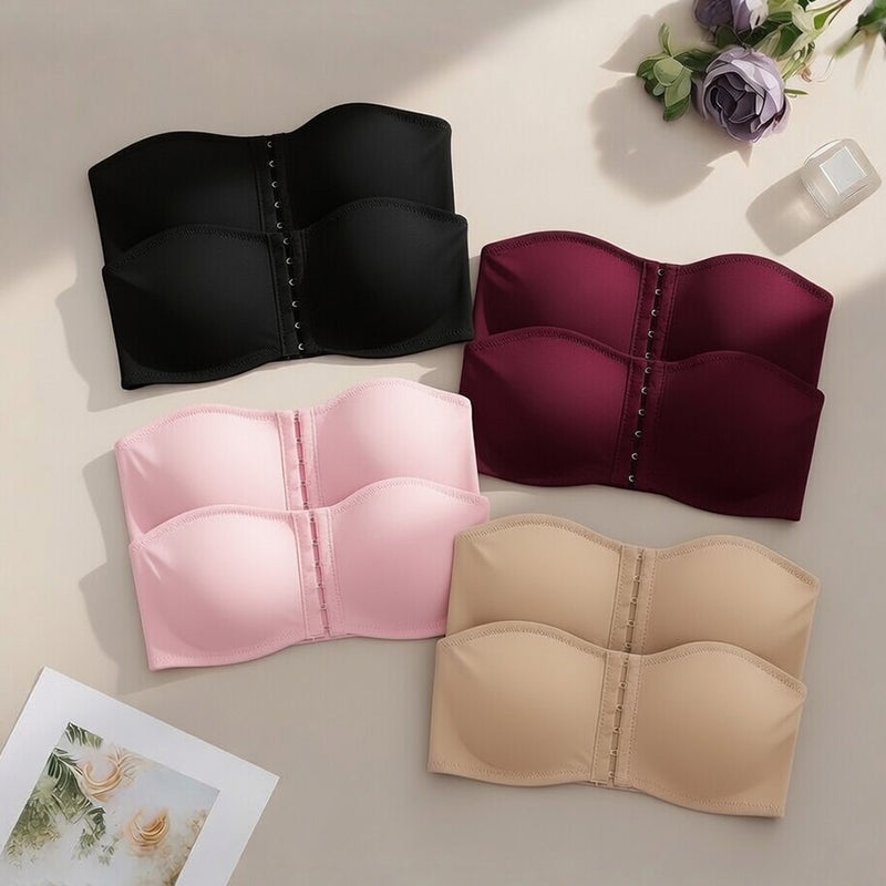 Multi-color strapless hook-front bandeau bras with multi-row cups and vertical hooks