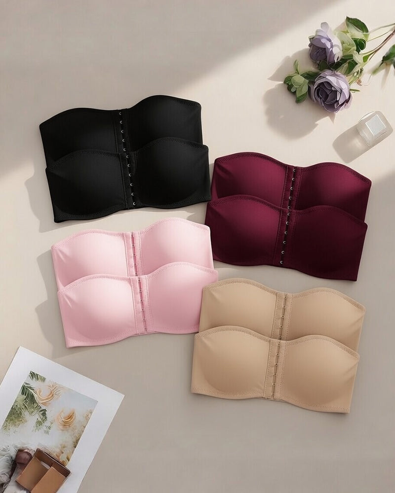 Multi-color strapless hook-front bandeau bras with multi-row cups and vertical hooks
