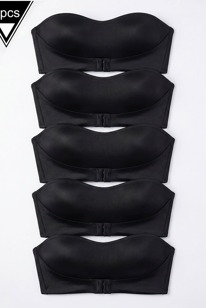 Set of 5 black strapless bandeau tops with front buckle closure