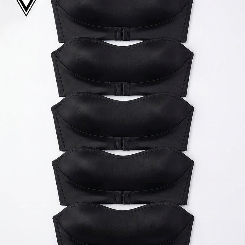 Set of 5 black strapless bandeau tops with front buckle closure