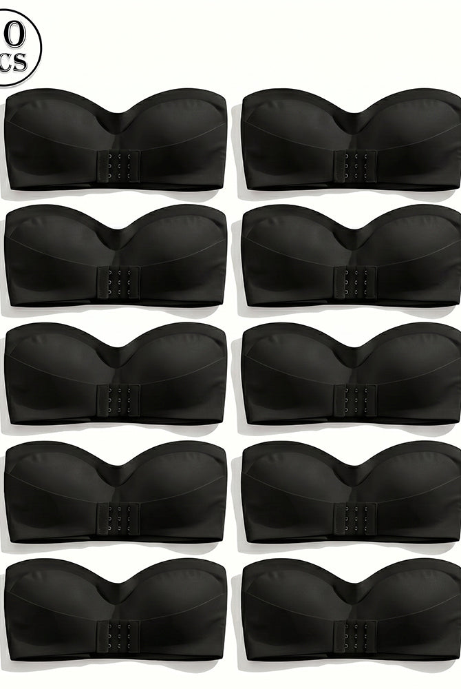 Set of 10 black strapless bandeau tops with front buckle closure