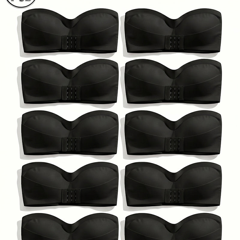 Set of 10 black strapless bandeau tops with front buckle closure