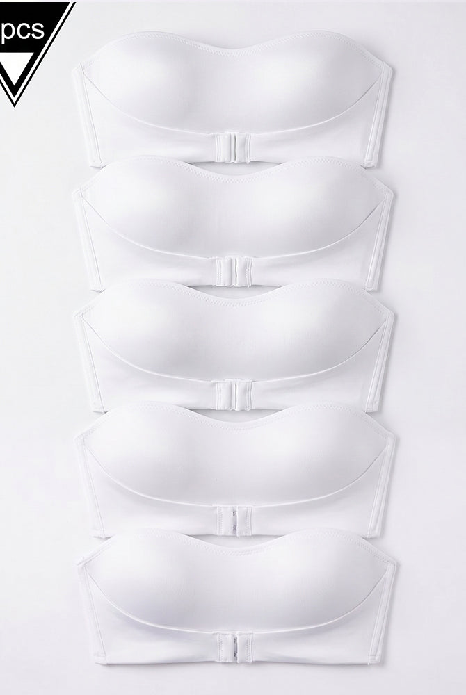 Set of 5 white strapless bandeau tops with front buckle closure
