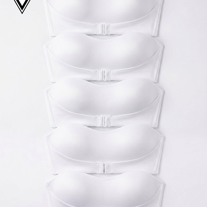 Set of 5 white strapless bandeau tops with front buckle closure