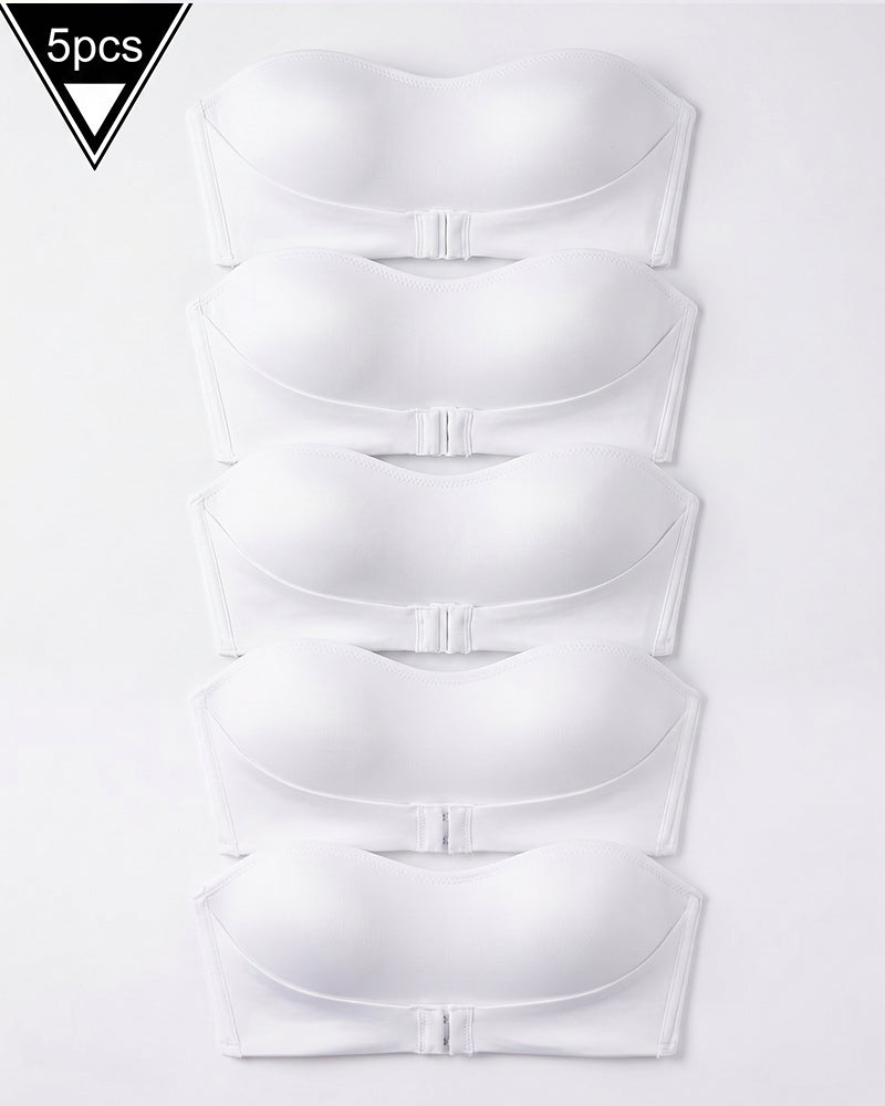 Set of 5 white strapless bandeau tops with front buckle closure