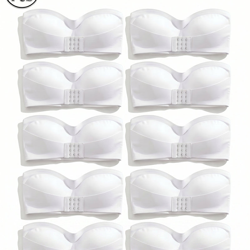 Set of 10 white strapless bandeau tops with front buckle closure