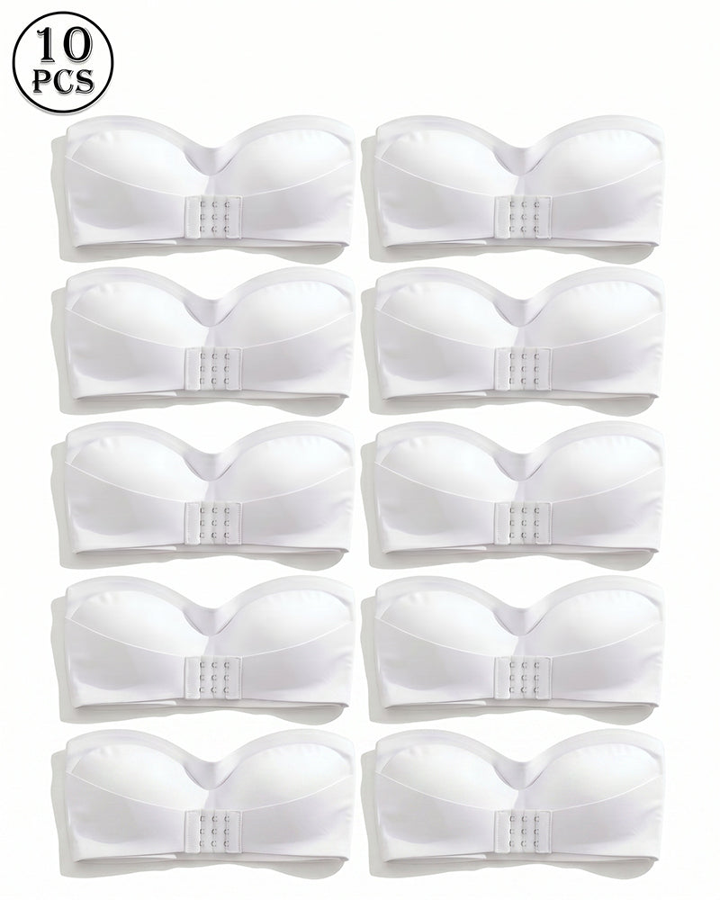 Set of 10 white strapless bandeau tops with front buckle closure