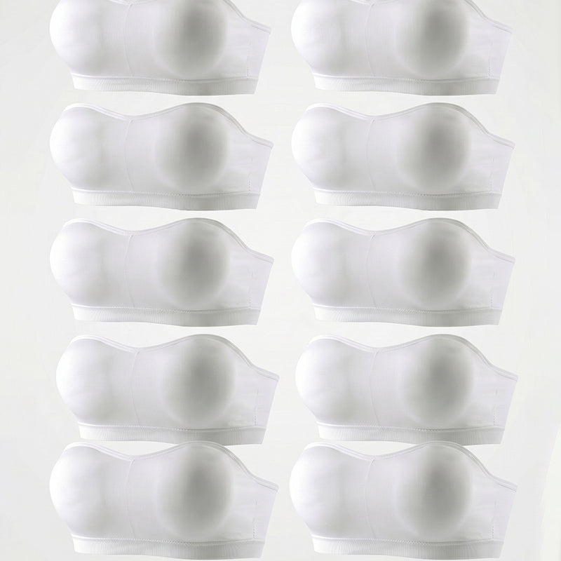 Seamless strapless bandeau bras, padded tube style, white assortment
