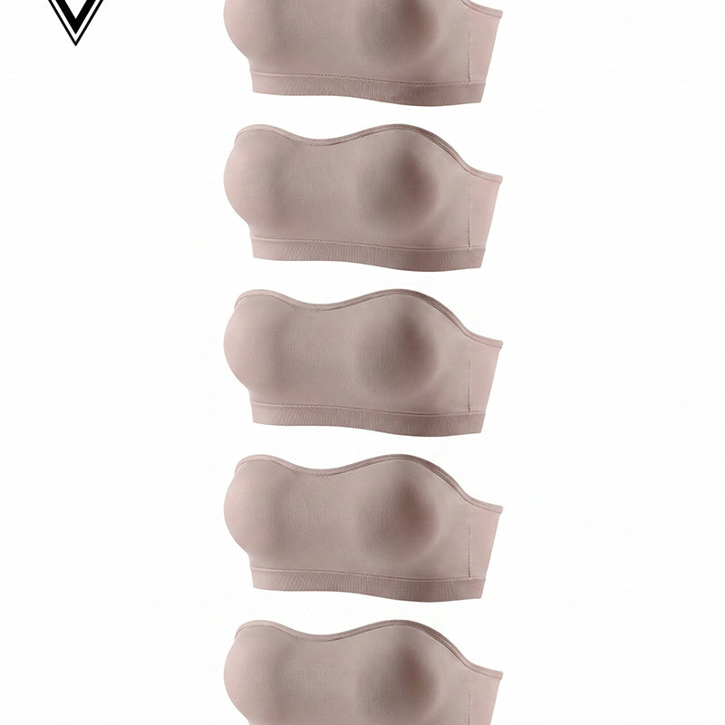 Seamless strapless bandeau bra set, padded tube style, nude