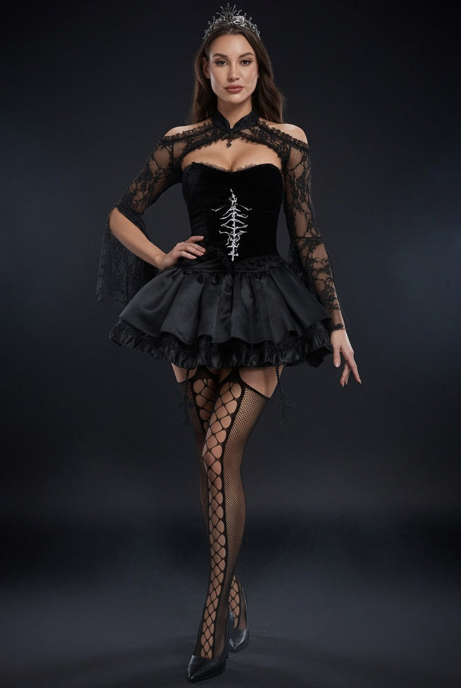 Black velvet corset dress with off-shoulder lace, short ruffled skirt, fishnet stockings