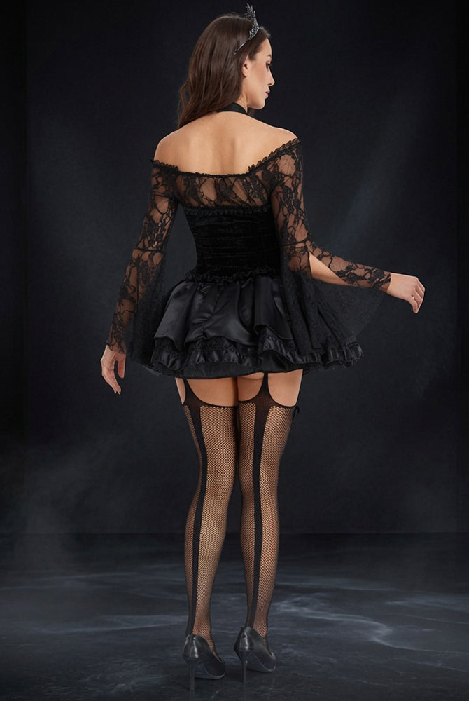 Black corset dress with lace long sleeves, flared tulle skirt, fishnet stockings back