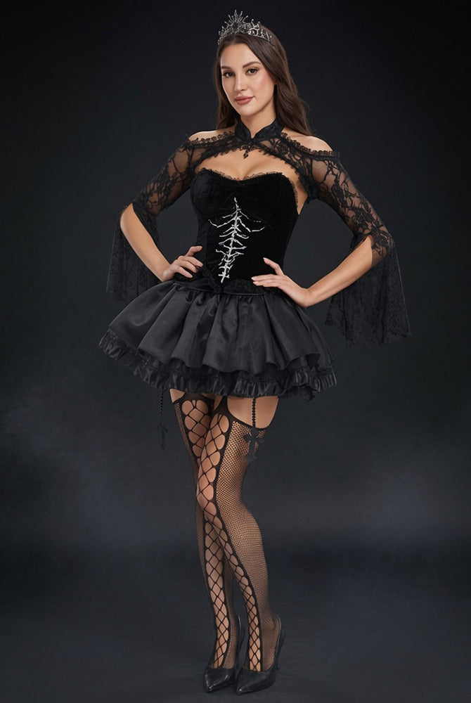 Black velvet corset dress set with lace sleeves, corset lacing, ruffled tulle skirt