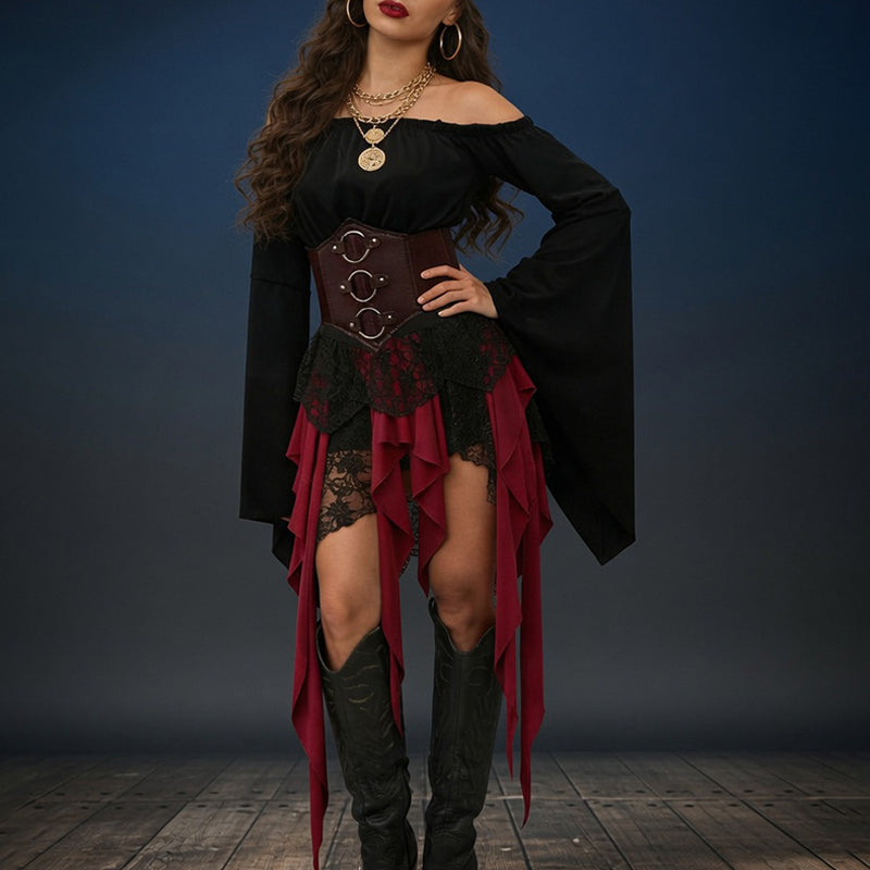 Pirate off-shoulder dress with corset belt and layered black-and-red skirt