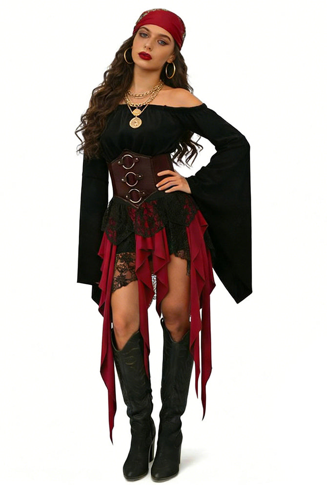 Pirate off-shoulder dress with corset belt and layered black-and-red skirt, front view