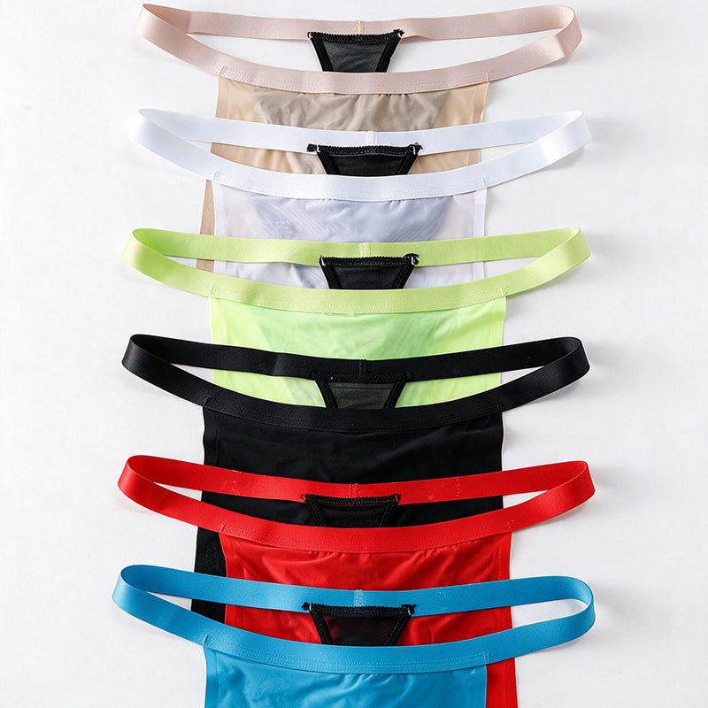 Men's sheer G-string thong with satin pouch, multi-color set of 6