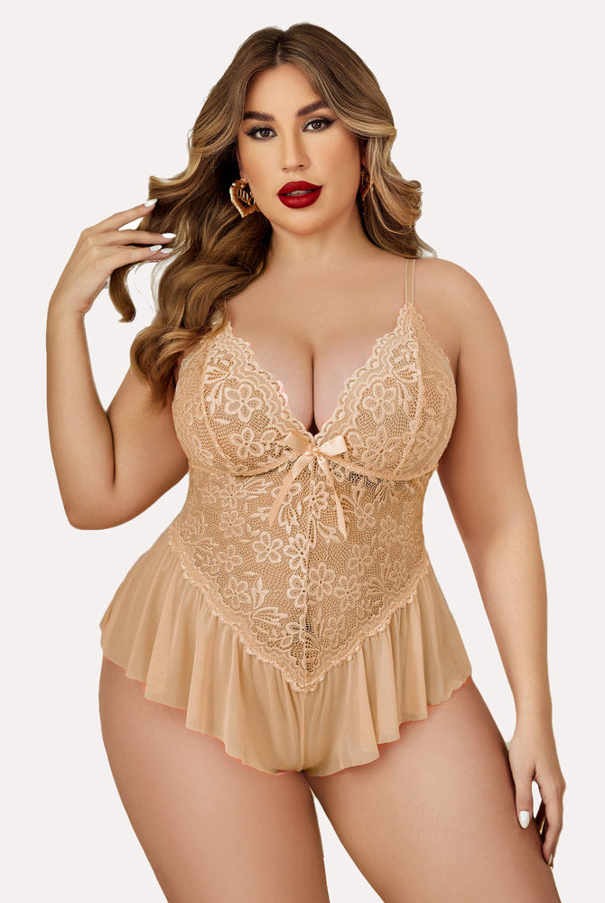 Plus size peach lace teddy bodysuit with adjustable straps and ruffle trim, sexy lingerie for women
