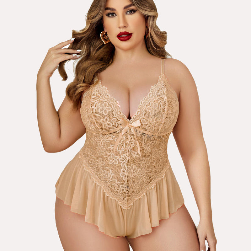 Plus size peach lace teddy bodysuit with adjustable straps and ruffle trim, sexy lingerie for women