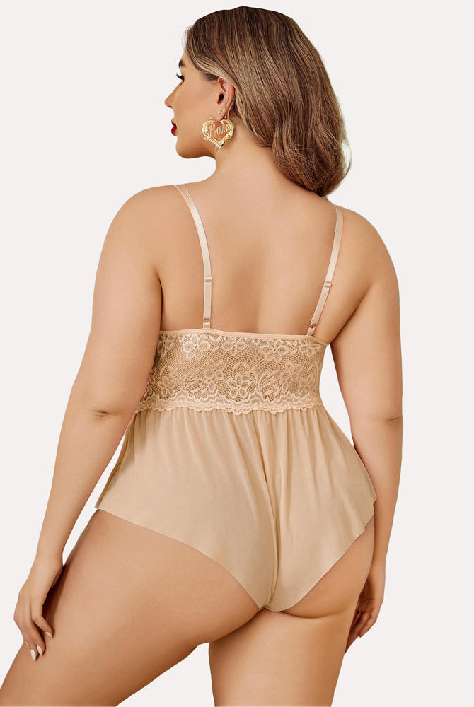 Plus size beige lace teddy bodysuit with floral lace and adjustable straps. Sexy lingerie.