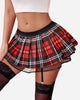 Sexy red plaid mini skirt with garter belt and black lace stockings, a playful lingerie set.
