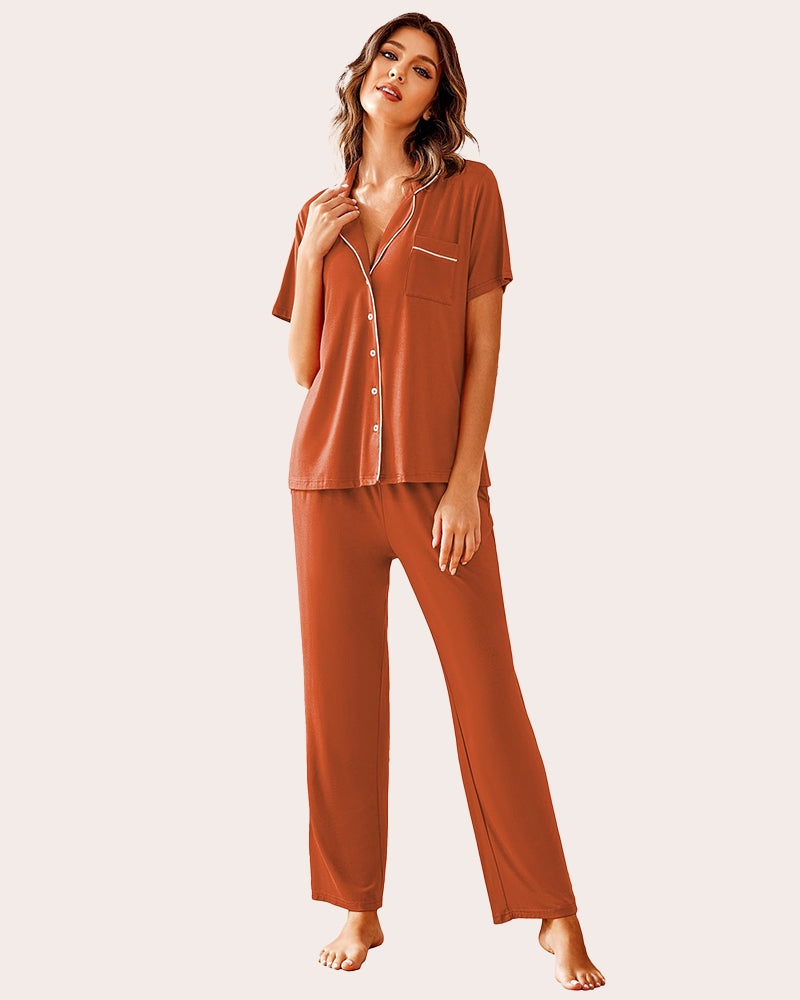 Rust-colored notch collar pajamas set. Soft, comfy sleepwear with white trim and chest pocket.