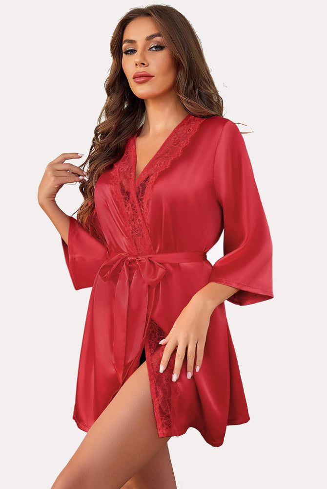 Red satin kimono robe with lace detail and sash tie, Avidlove's short silky robe. Sexy lingerie