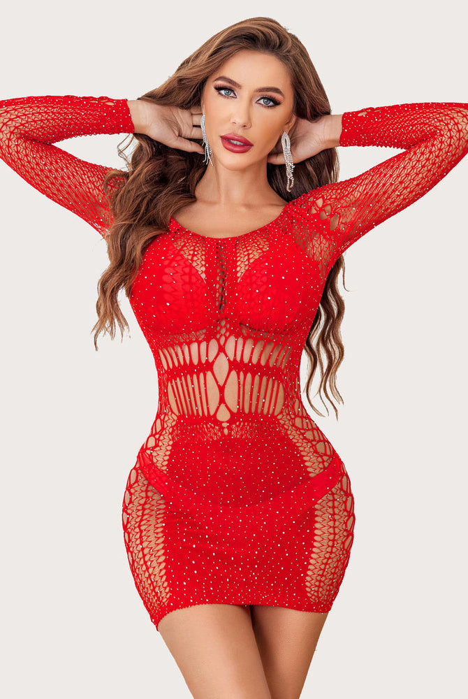 Red fishnet rhinestone mini dress with long sleeves and cutout corset waist