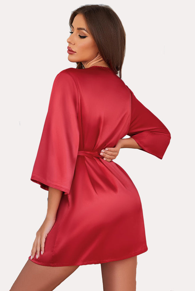 Red satin short kimono robe from Avidlove. Elegant and comfortable silky fabric, sensual lingerie