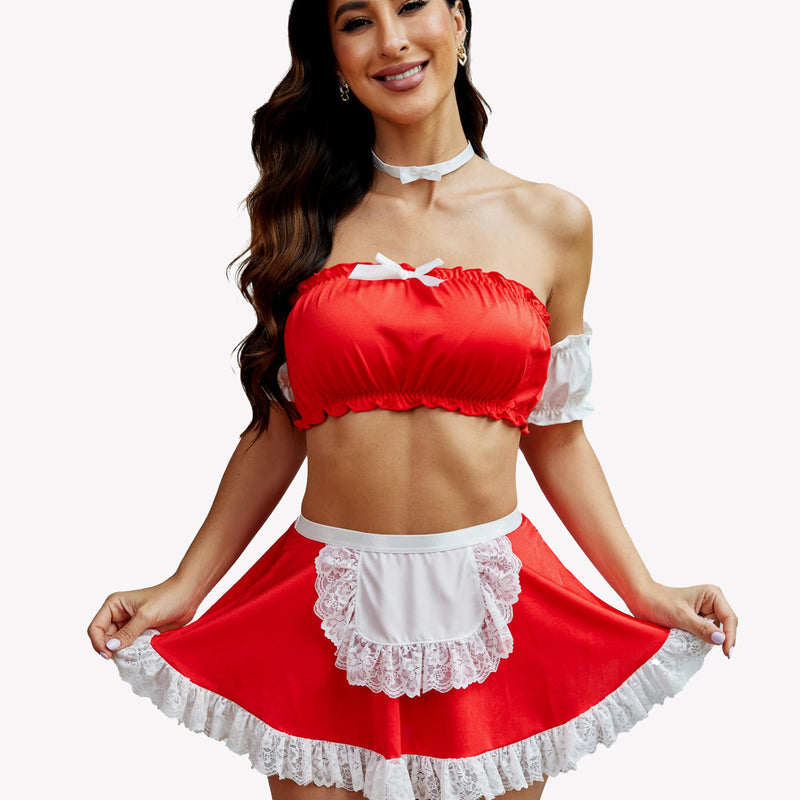 Red Contrast Lace Maid Set: crop top, mini skirt with white lace, a charming and sexy lingerie.