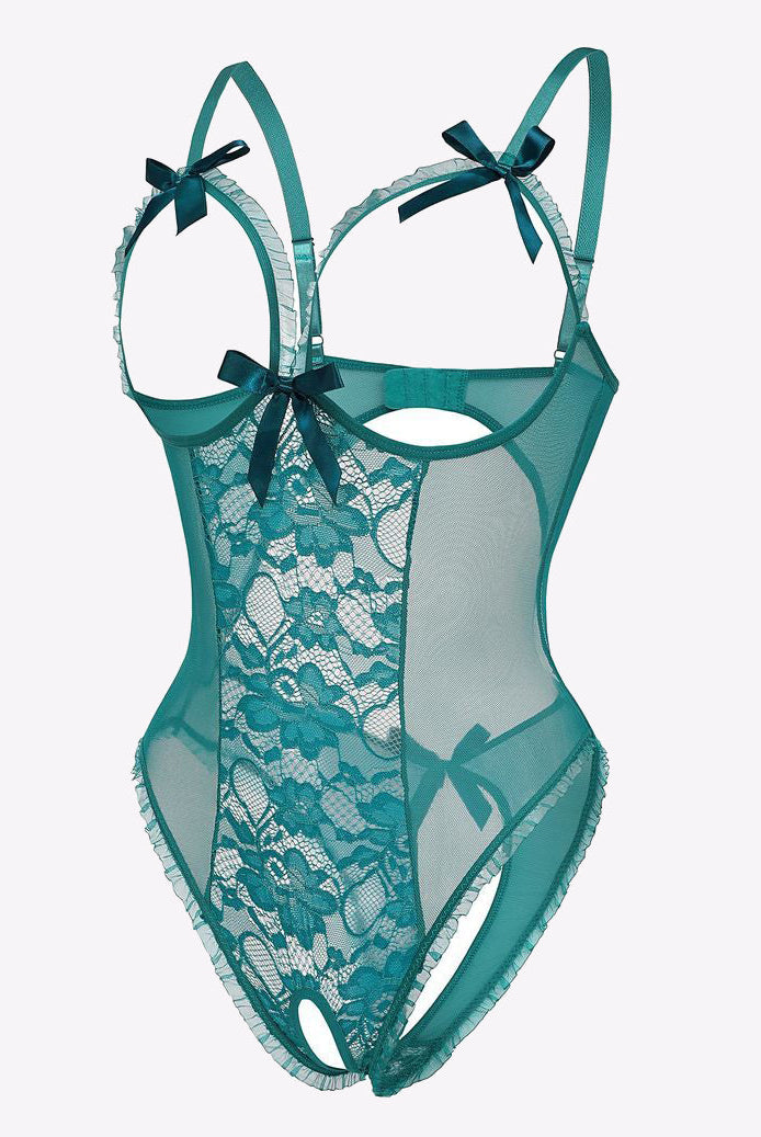 Teal cut-out lace bodysuit with adjustable straps, backless and bow details