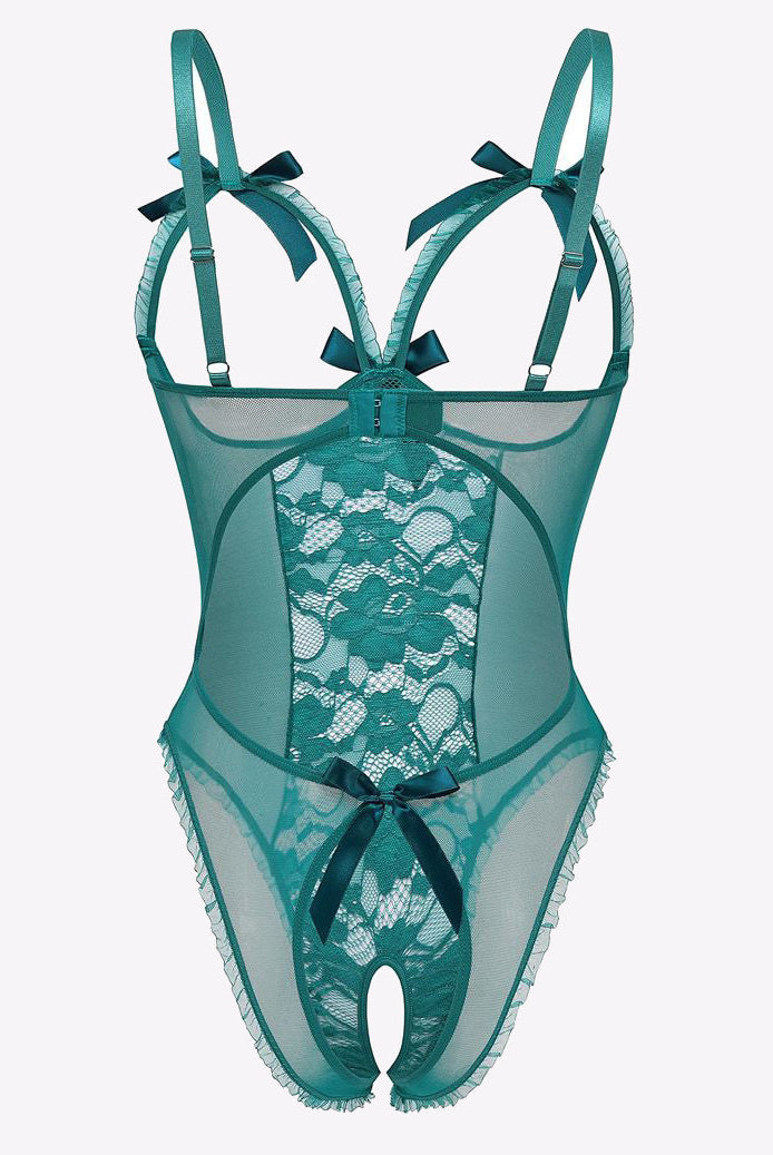 Teal lace cut-out bodysuit with bow details, adjustable straps, and open back