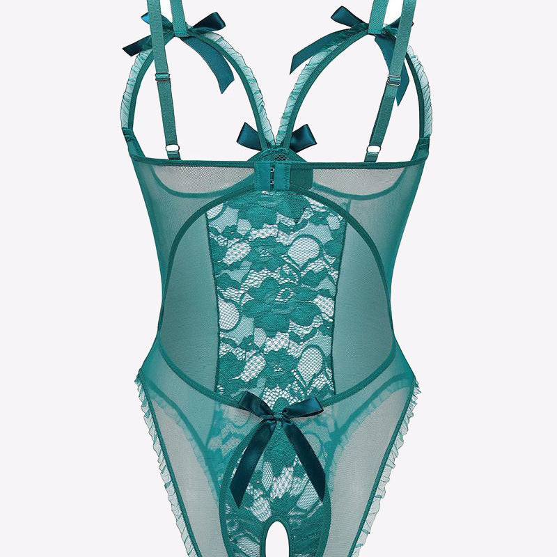 Teal lace cut-out bodysuit with bow details, adjustable straps, and open back