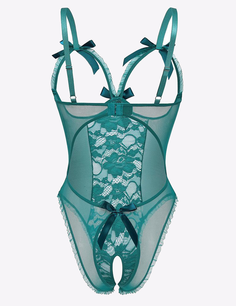 Teal lace cut-out bodysuit with bow details, adjustable straps, and open back