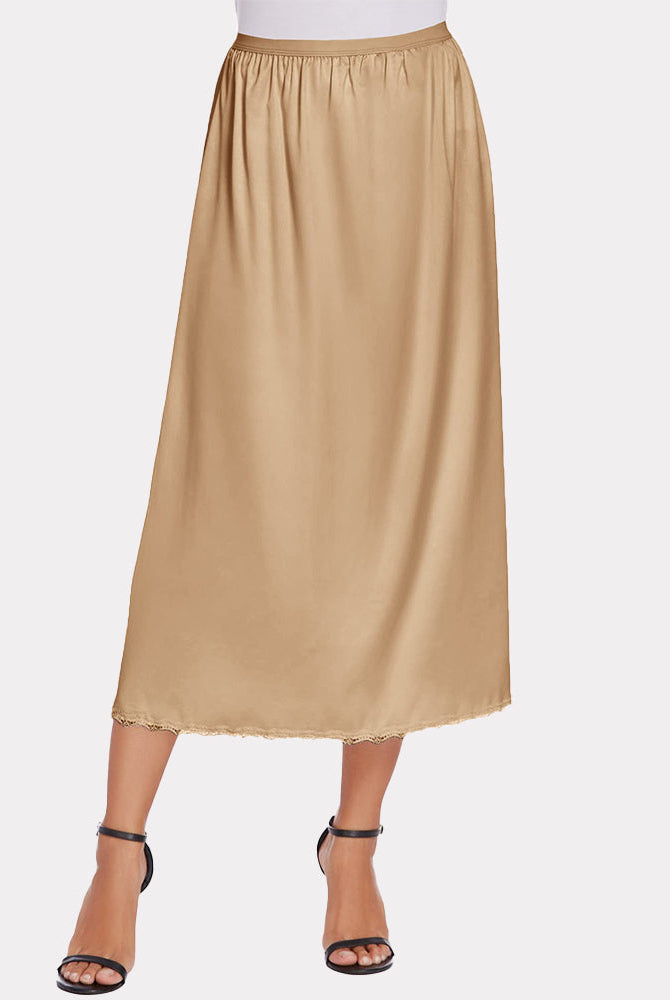 Beige satin half slip with lace trim, long underskirt for women. Feminine and comfortable design.
