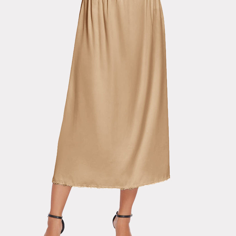 Beige satin half slip with lace trim, long underskirt for women. Feminine and comfortable design.