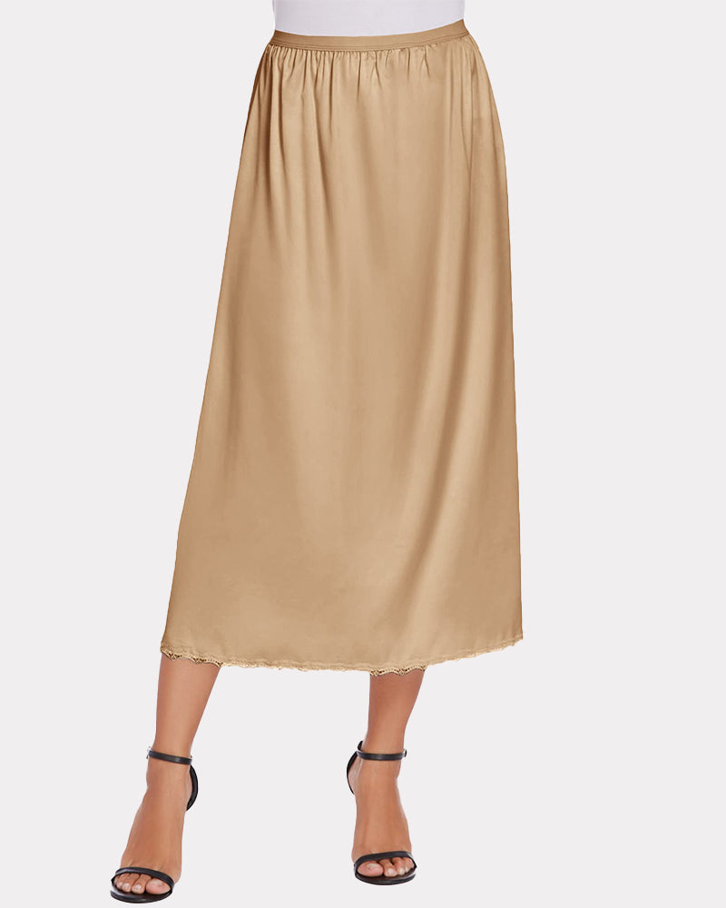 Beige satin half slip with lace trim, long underskirt for women. Feminine and comfortable design.