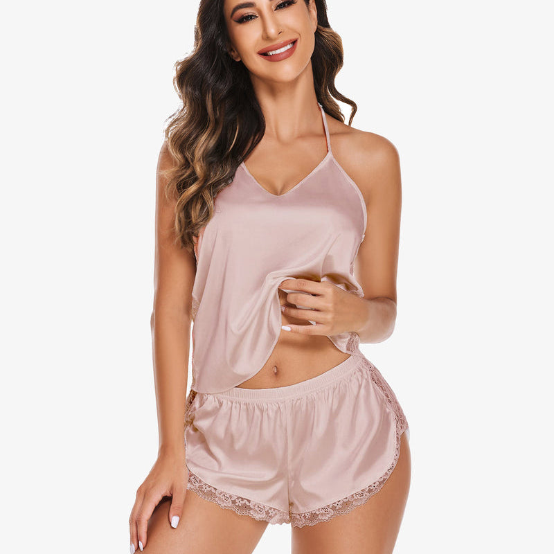 Blush pink satin pajama set with lace trim, cami top and shorts, Avidlove sleepwear